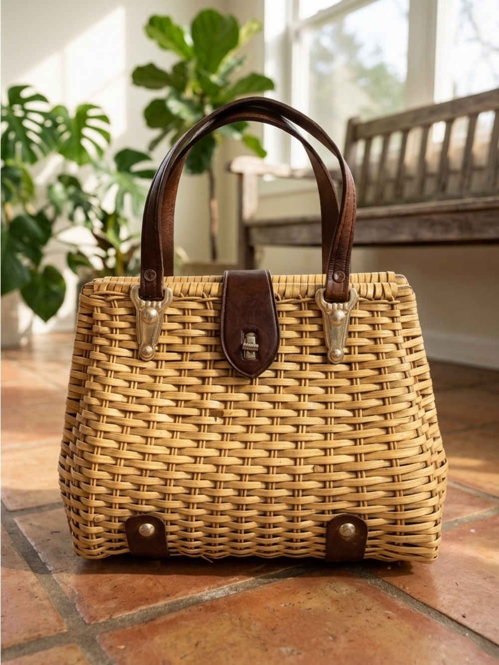 Vintage 1940s 1950s By Donna Wicker Basket Purse Brown Leather Handbag